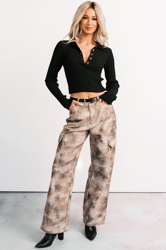 Edgy Attitude Smokey Print Cargo Jeans (Taupe Grey)