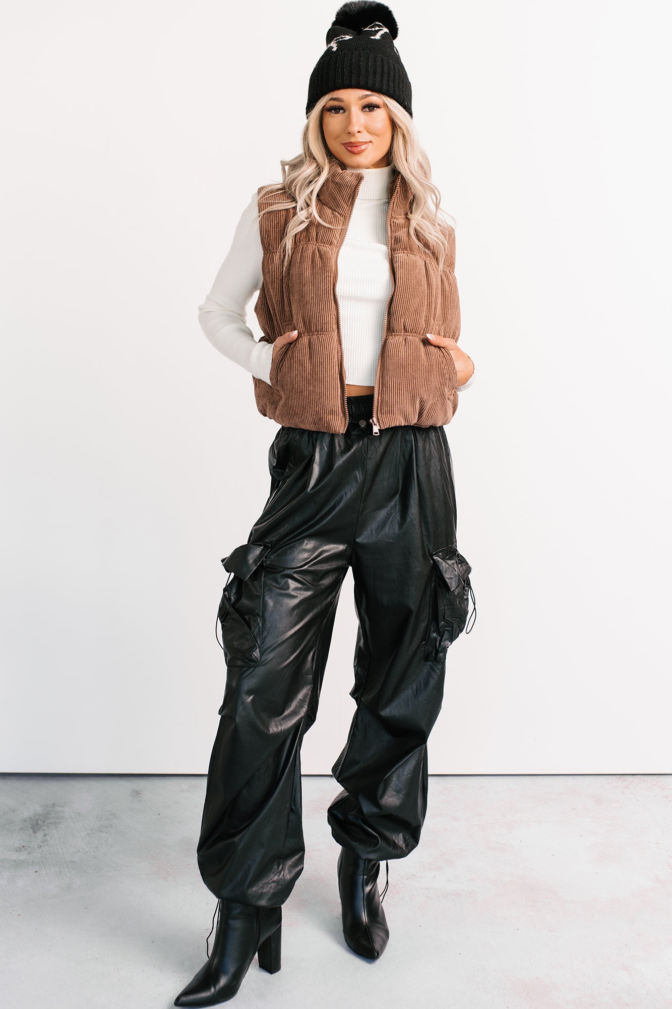 Don't Be Shy Faux Leather Cargo Pants (Black)