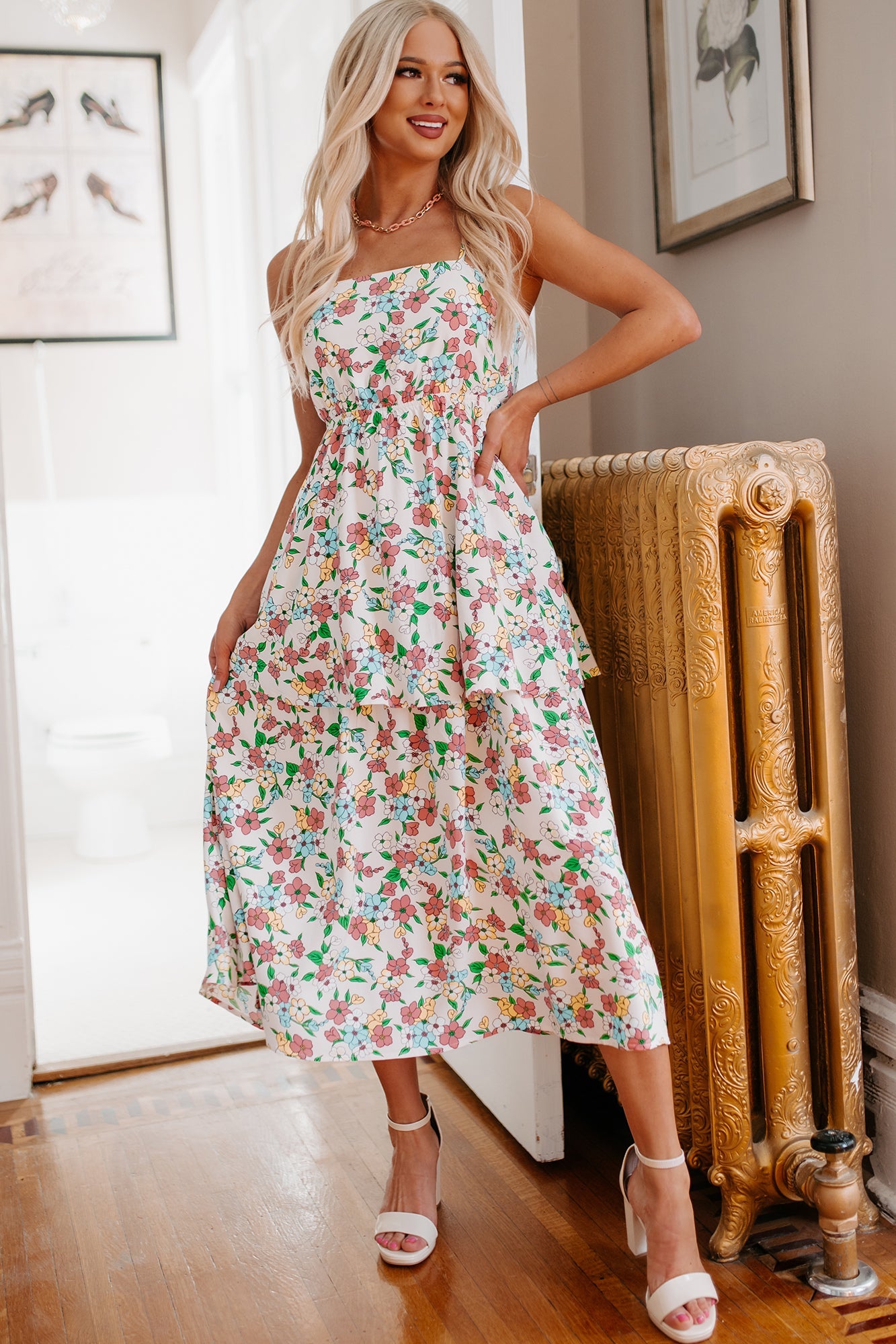 Flower Fields Tiered Floral Midi Dress (White Multi)