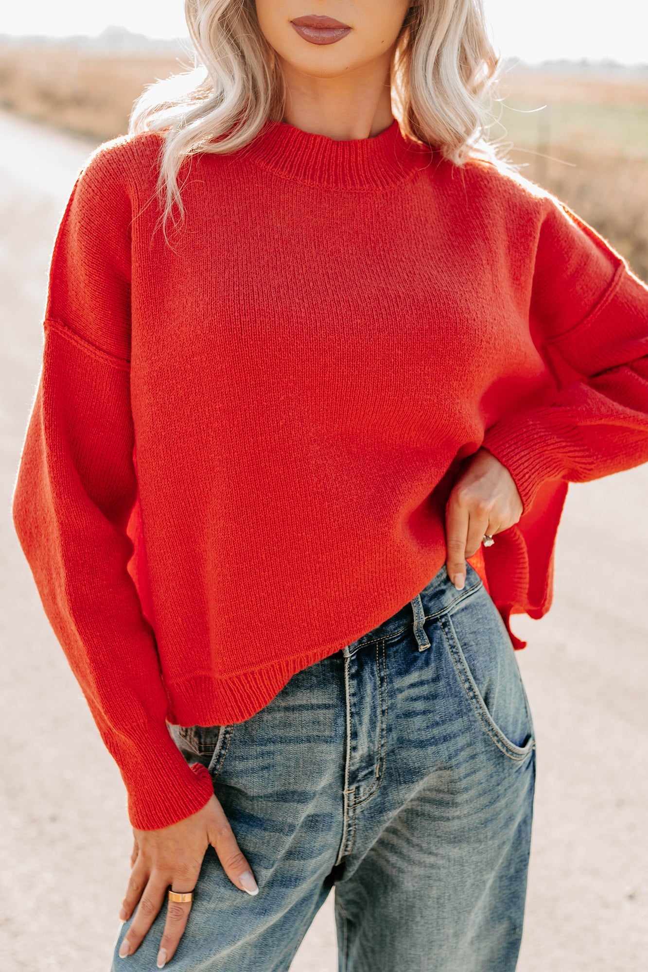 Evening Nest Reverse Stitch Knit Sweater (Red)