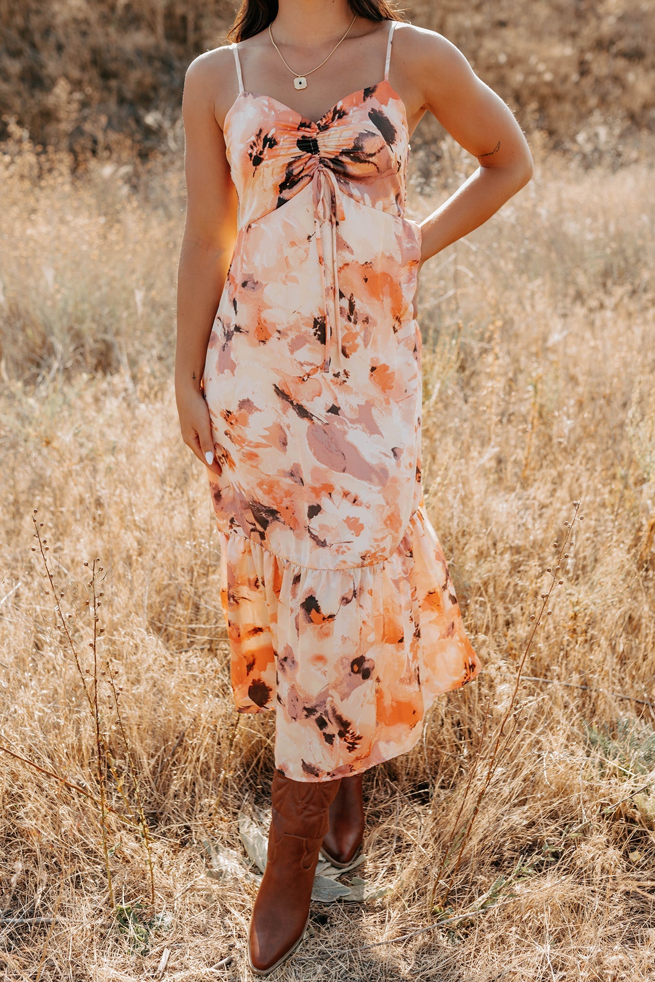 Slay Softly Sleeveless Floral Midi Dress (Peach/Multi)