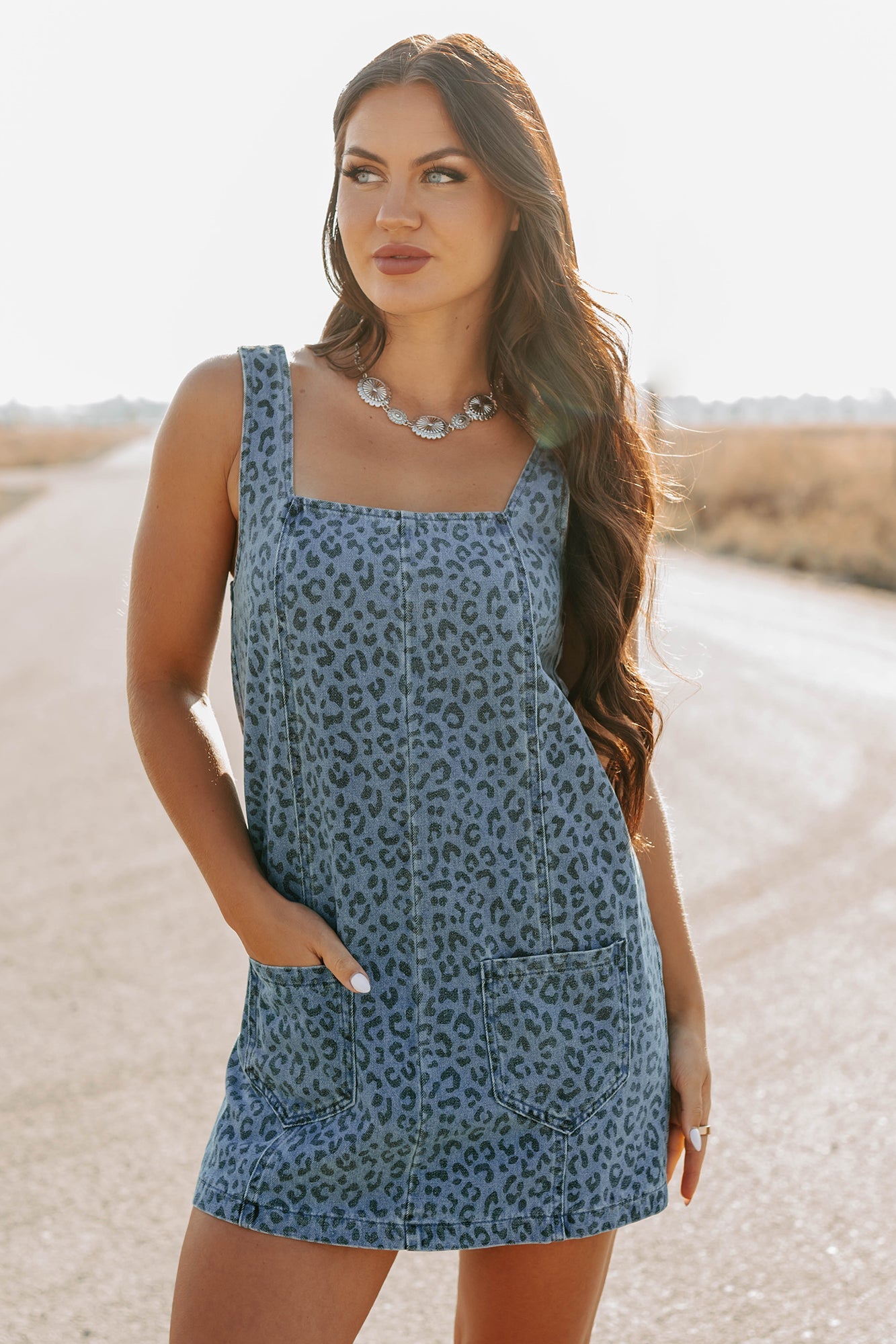 Kendrix Animal Print Denim Mini Dress (Denim Leopard)