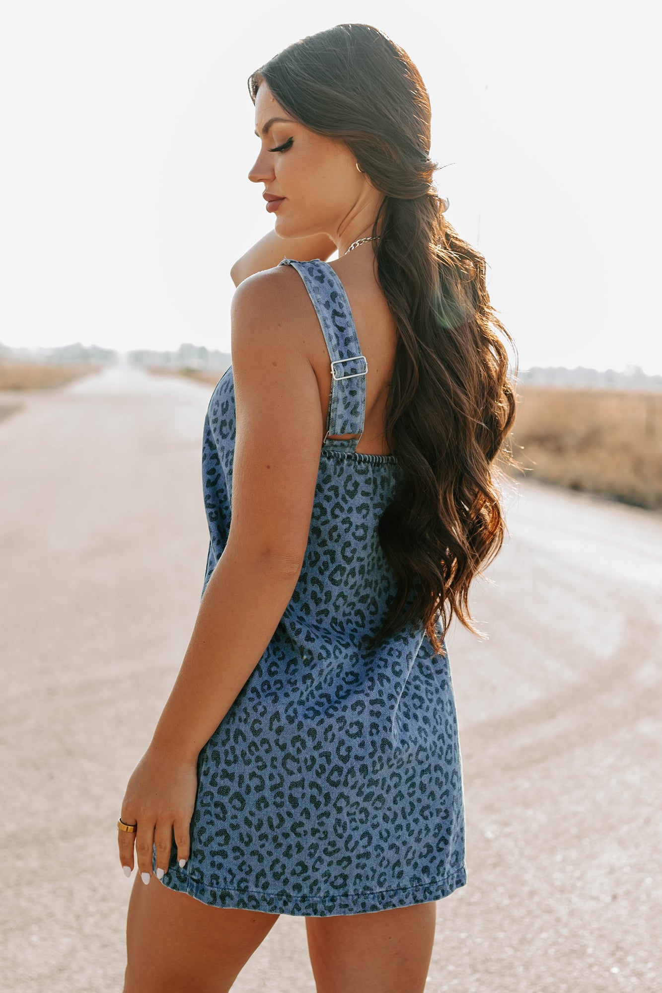 Kendrix Animal Print Denim Mini Dress (Denim Leopard)