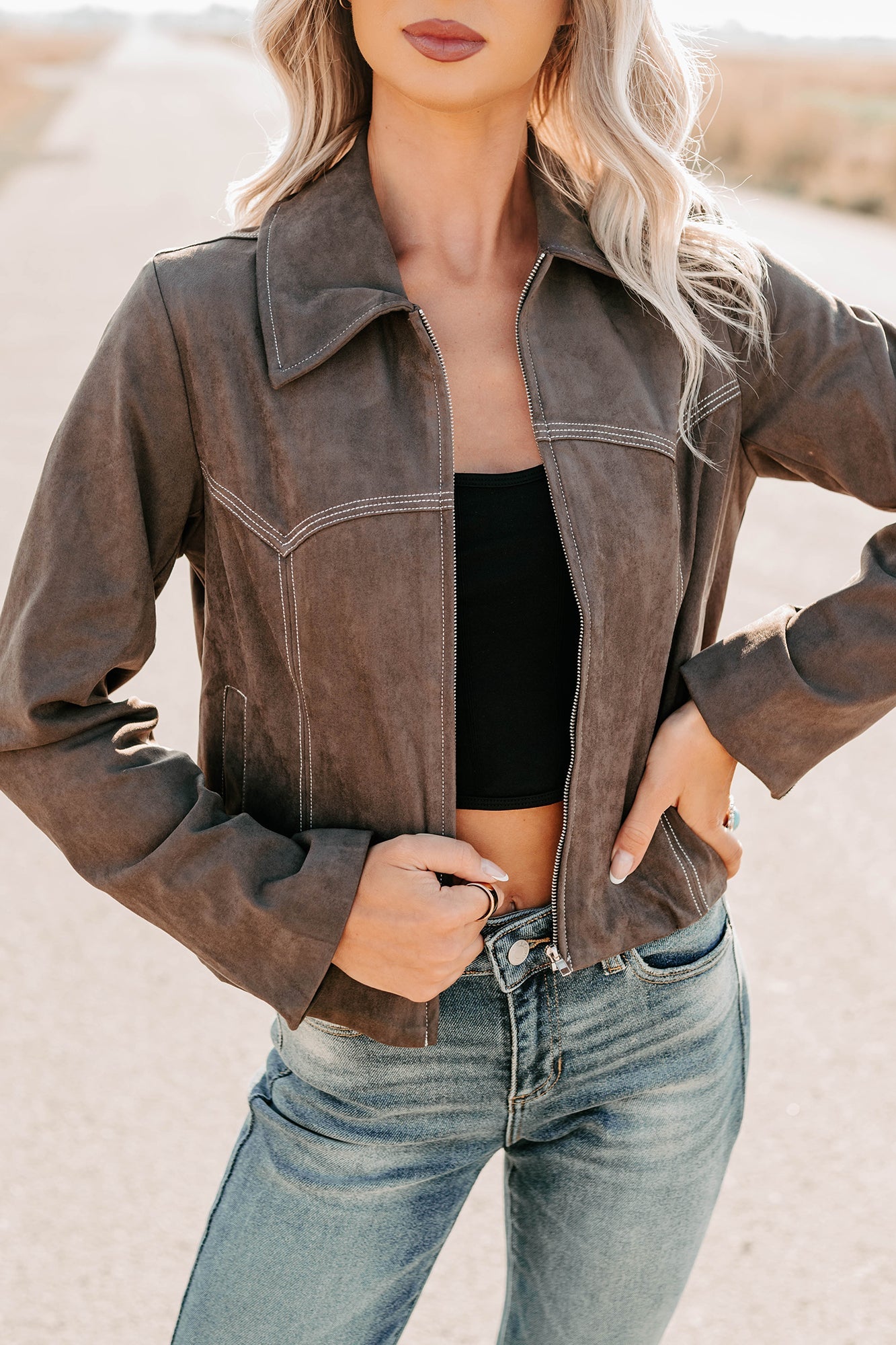 Exploring More Faux Suede Zip-Up Jacket (Charcoal)