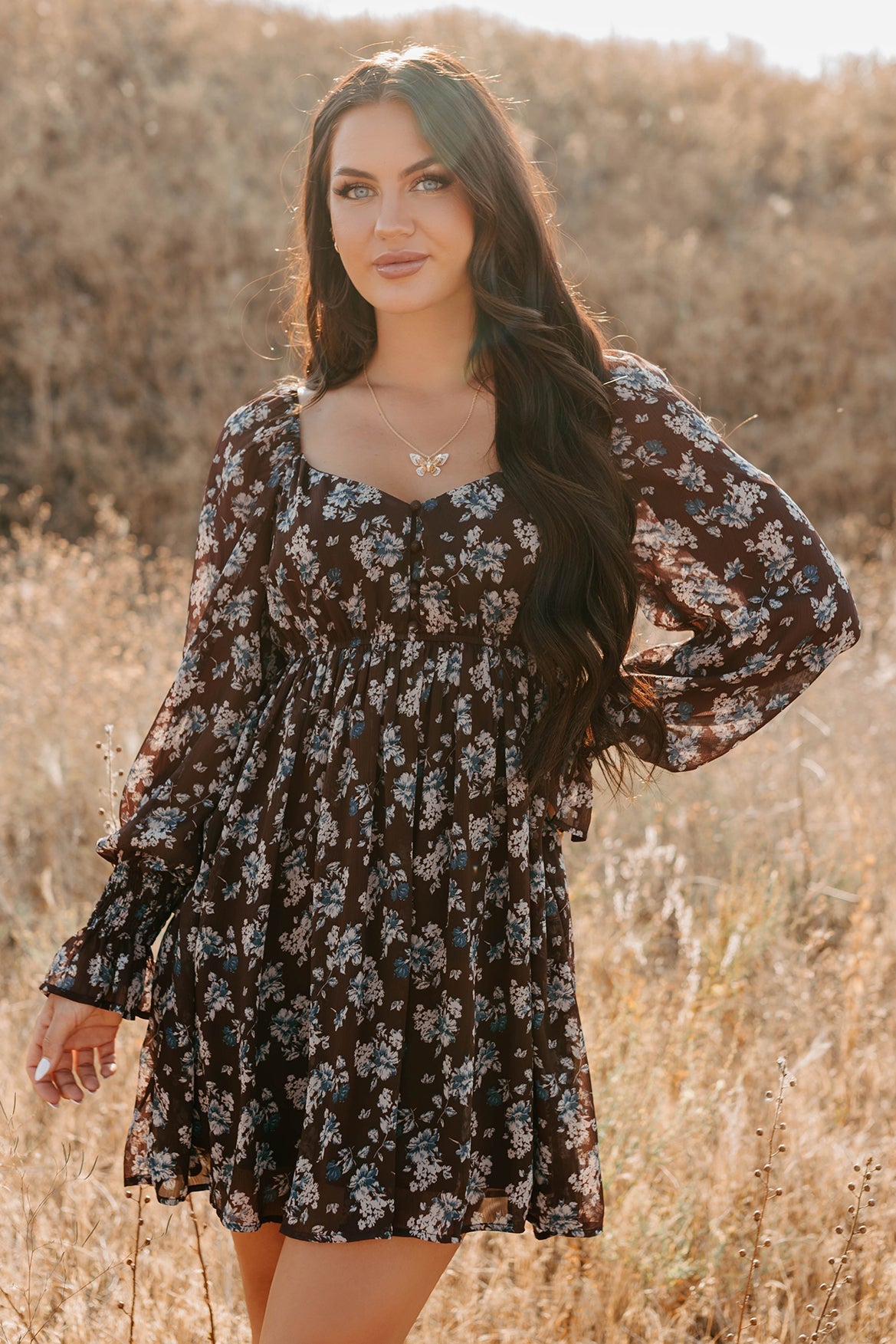 Midnight Blooms Floral Mini Dress (Baked Plum)