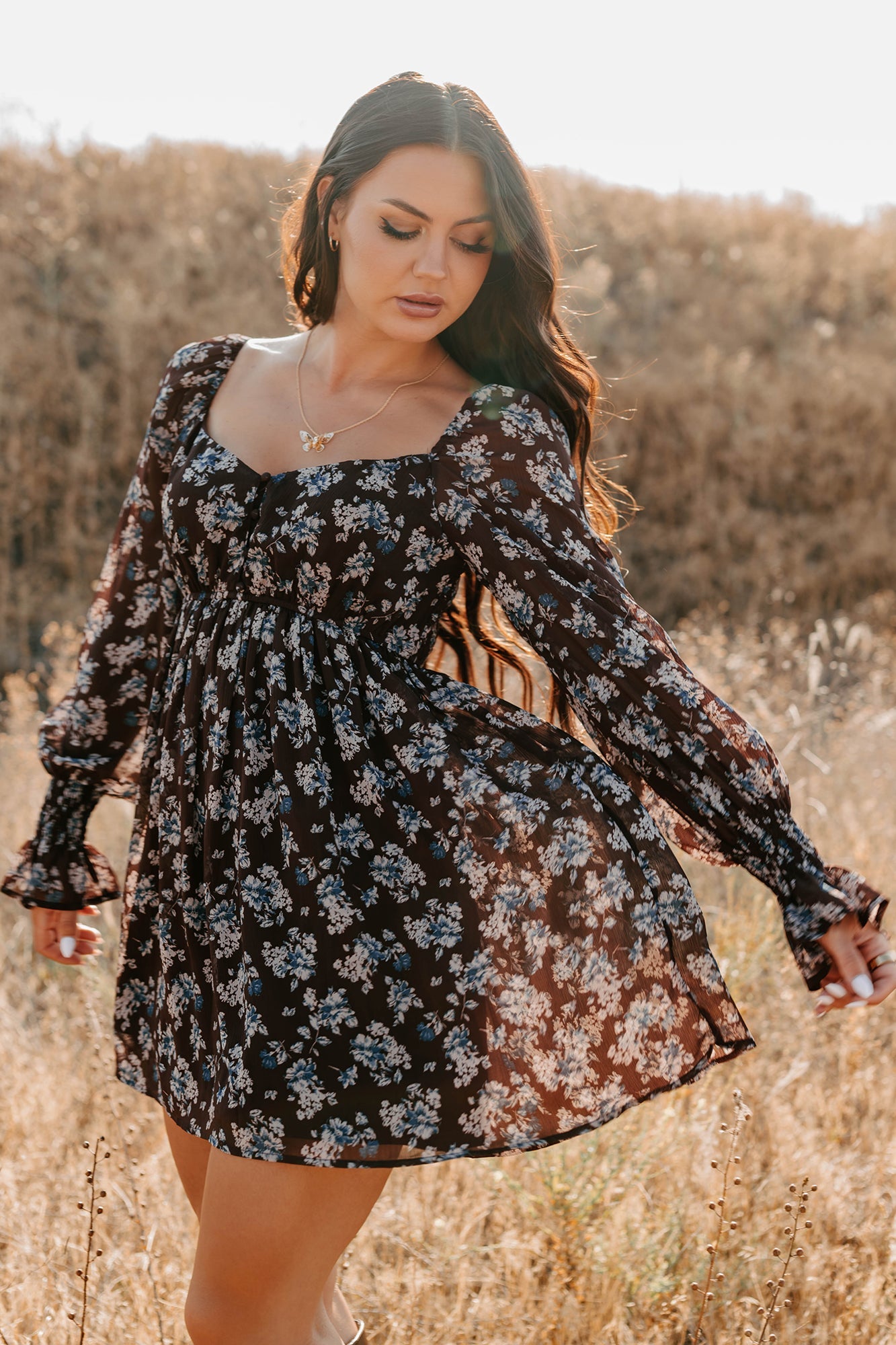 Midnight Blooms Floral Mini Dress (Baked Plum)