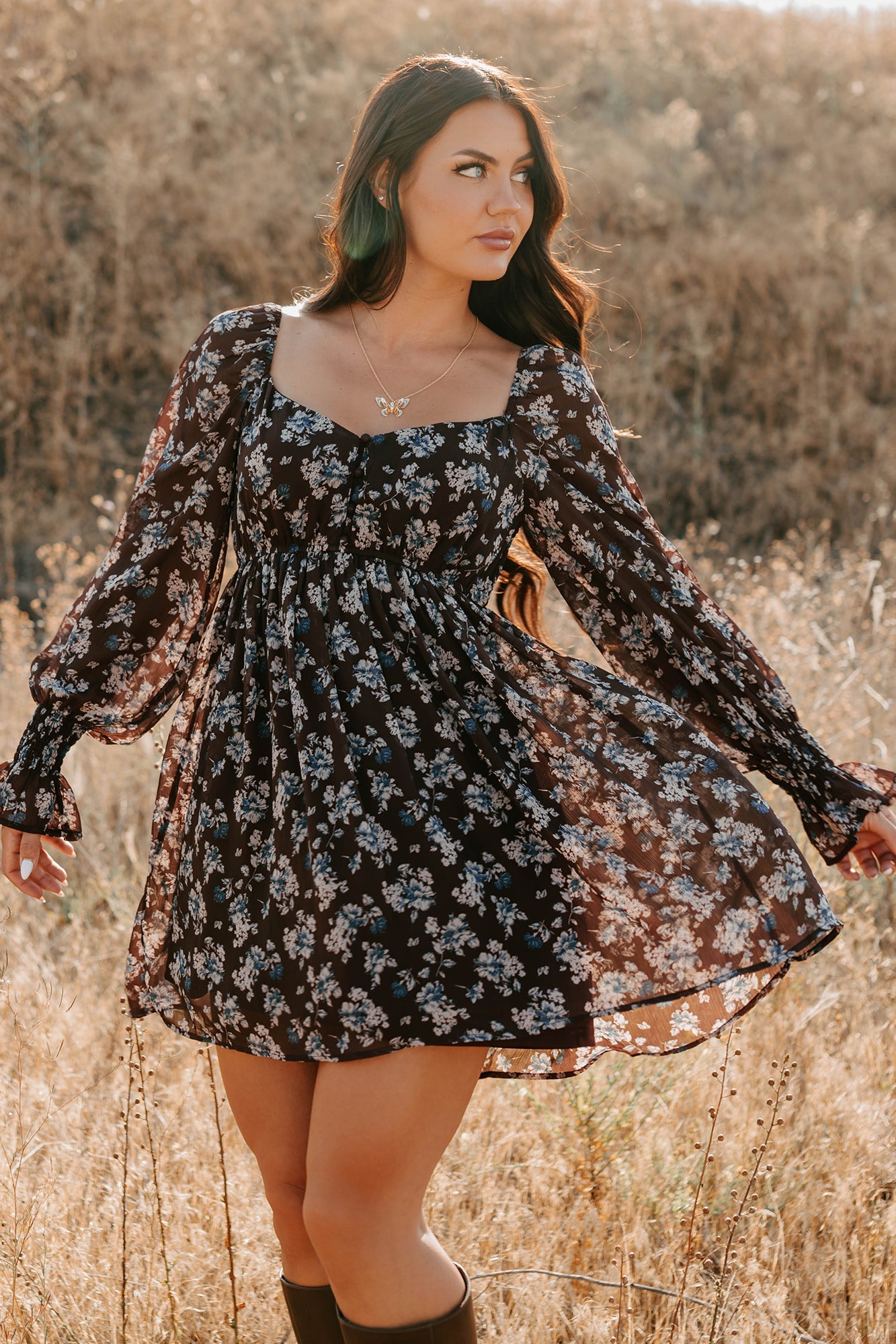 Midnight Blooms Floral Mini Dress (Baked Plum)