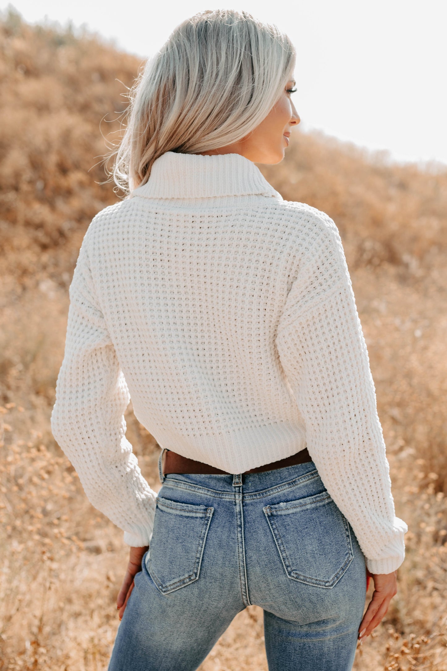 Snug Session Turtleneck Chenille Crop Sweater (Ivory)
