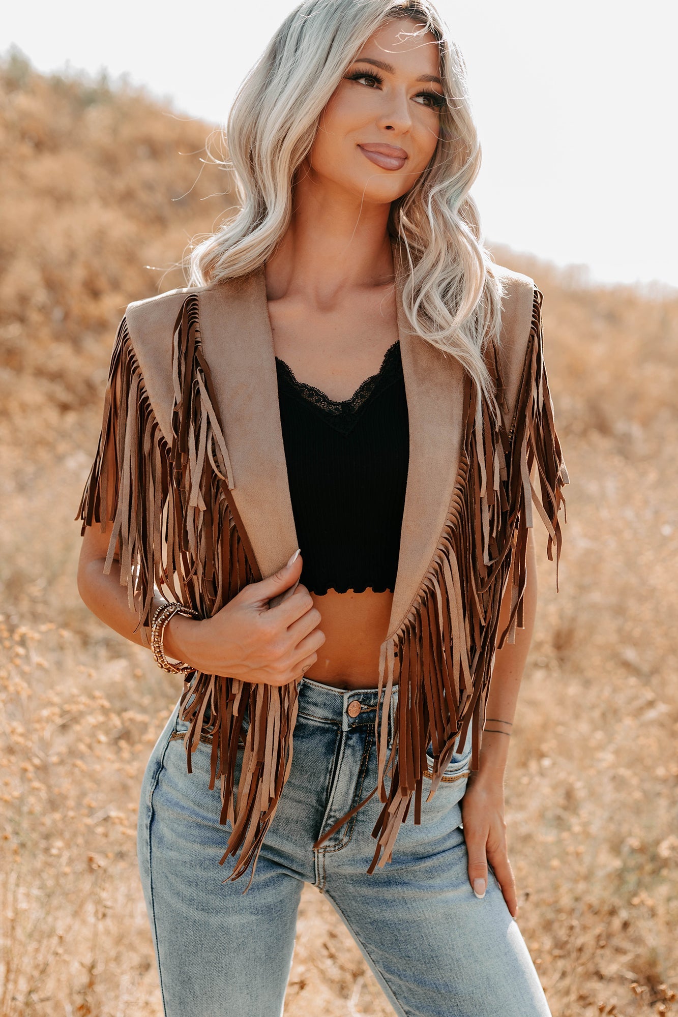 Midnight Range Faux Suede Collared Fringe Shawl (Tan)