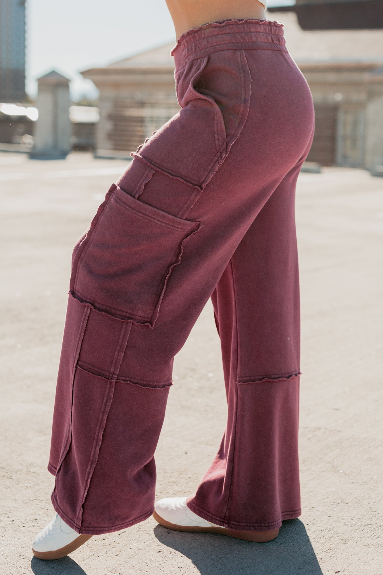 Made Ready Wide Leg Cargo Sweatpants (Dark Cherry)