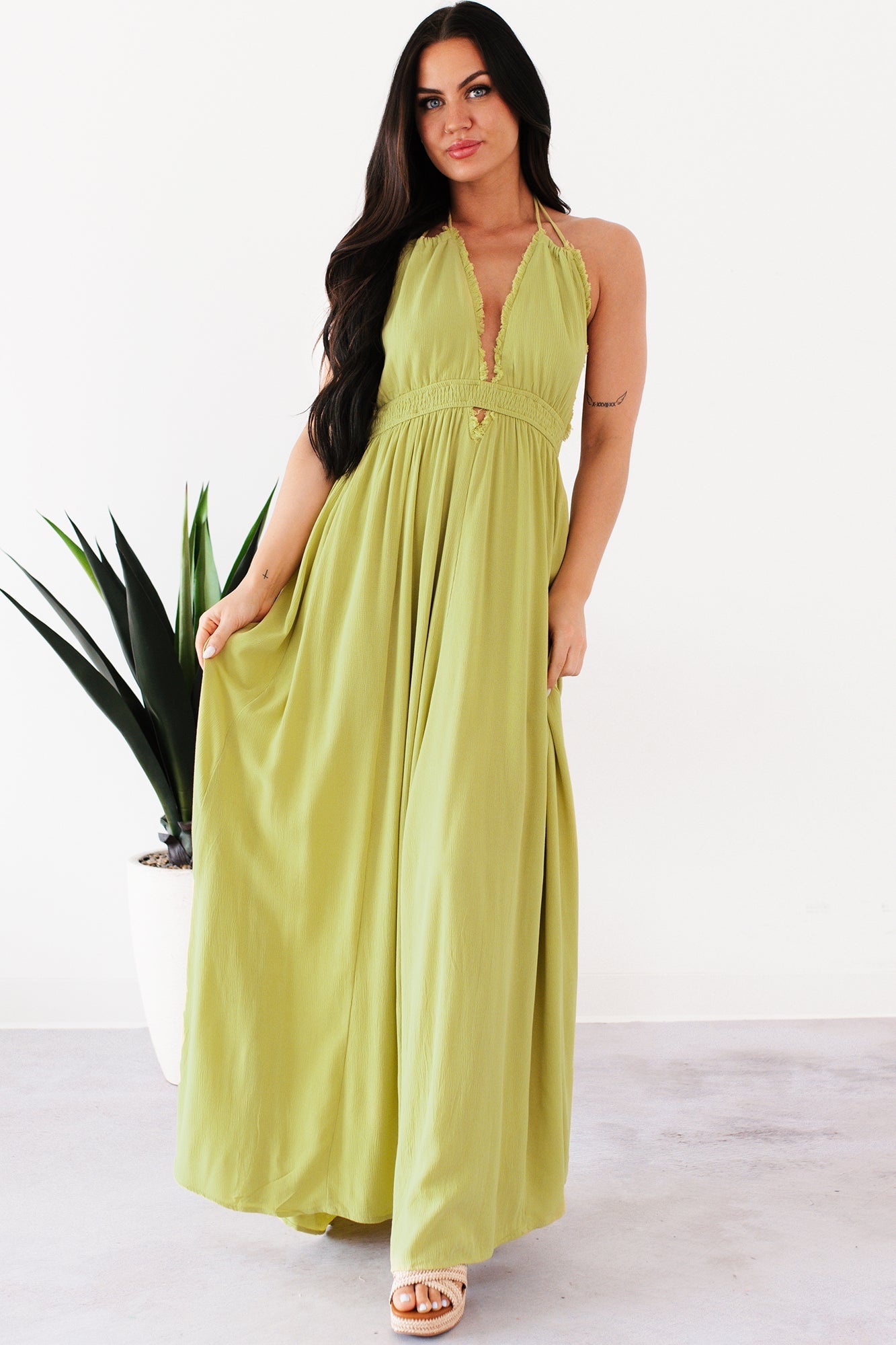 Chasing Glances Halter Maxi Dress (Matcha)