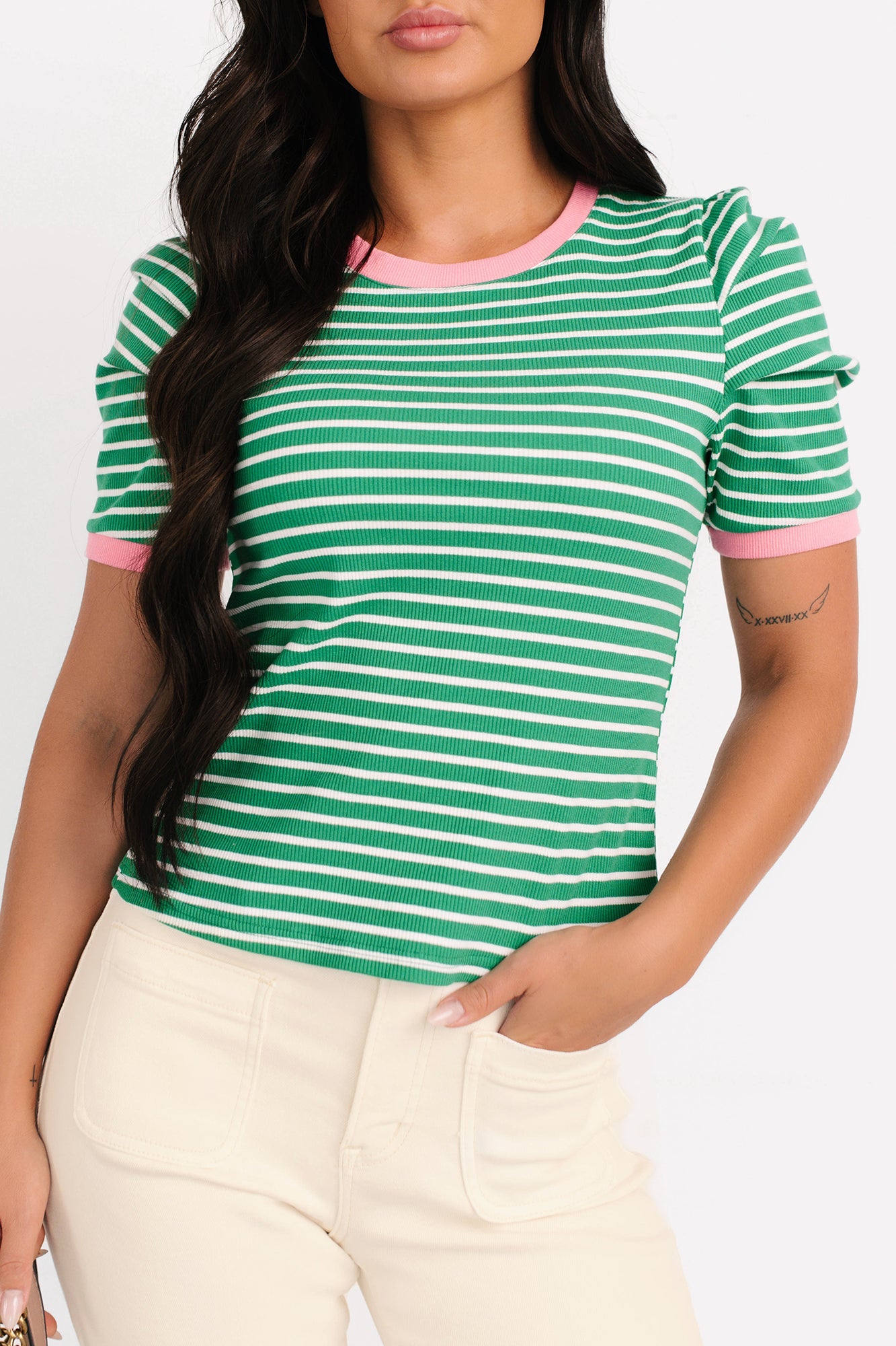 Daring Heart Striped Pleated Sleeve Top (Green/Pink)