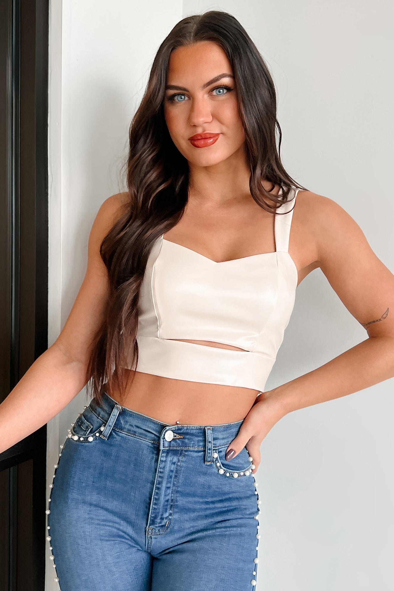 Memorable Encounter Faux Leather Crop Top (Ivory)