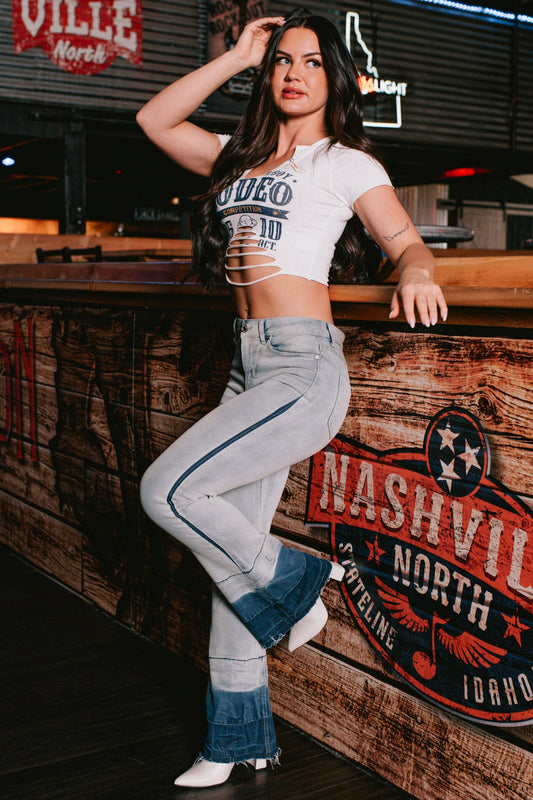 Jett High Rise Dip Dye Indigo Reign Flare Jeans (Light Wash)
