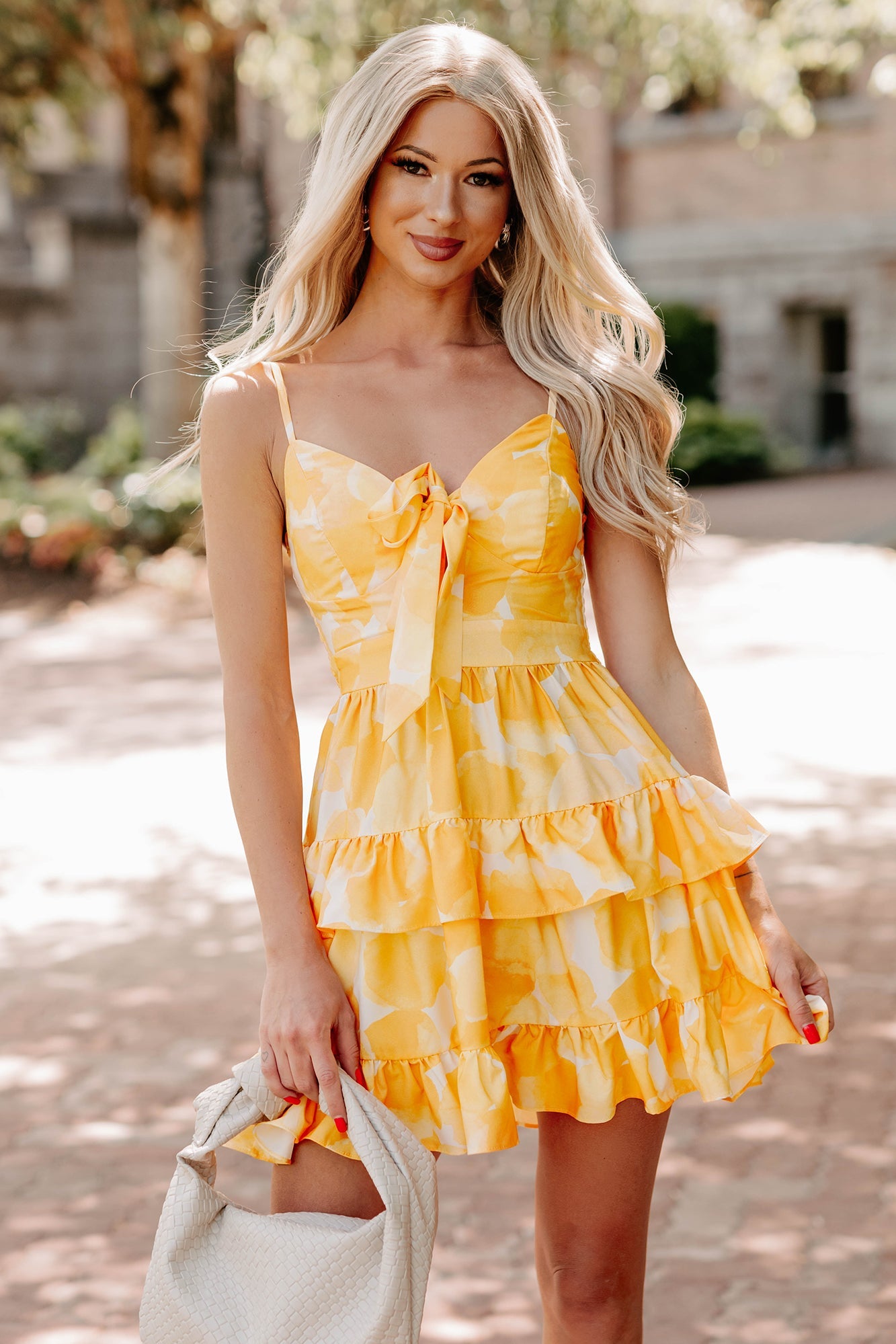 Chasing the Sun Ruffled Print Bow Tie Mini Dress (Lemon)