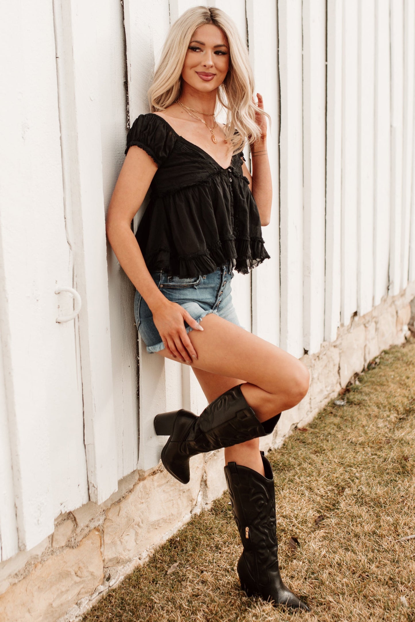 Just One Look Ruffle Babydoll Top (Black)
