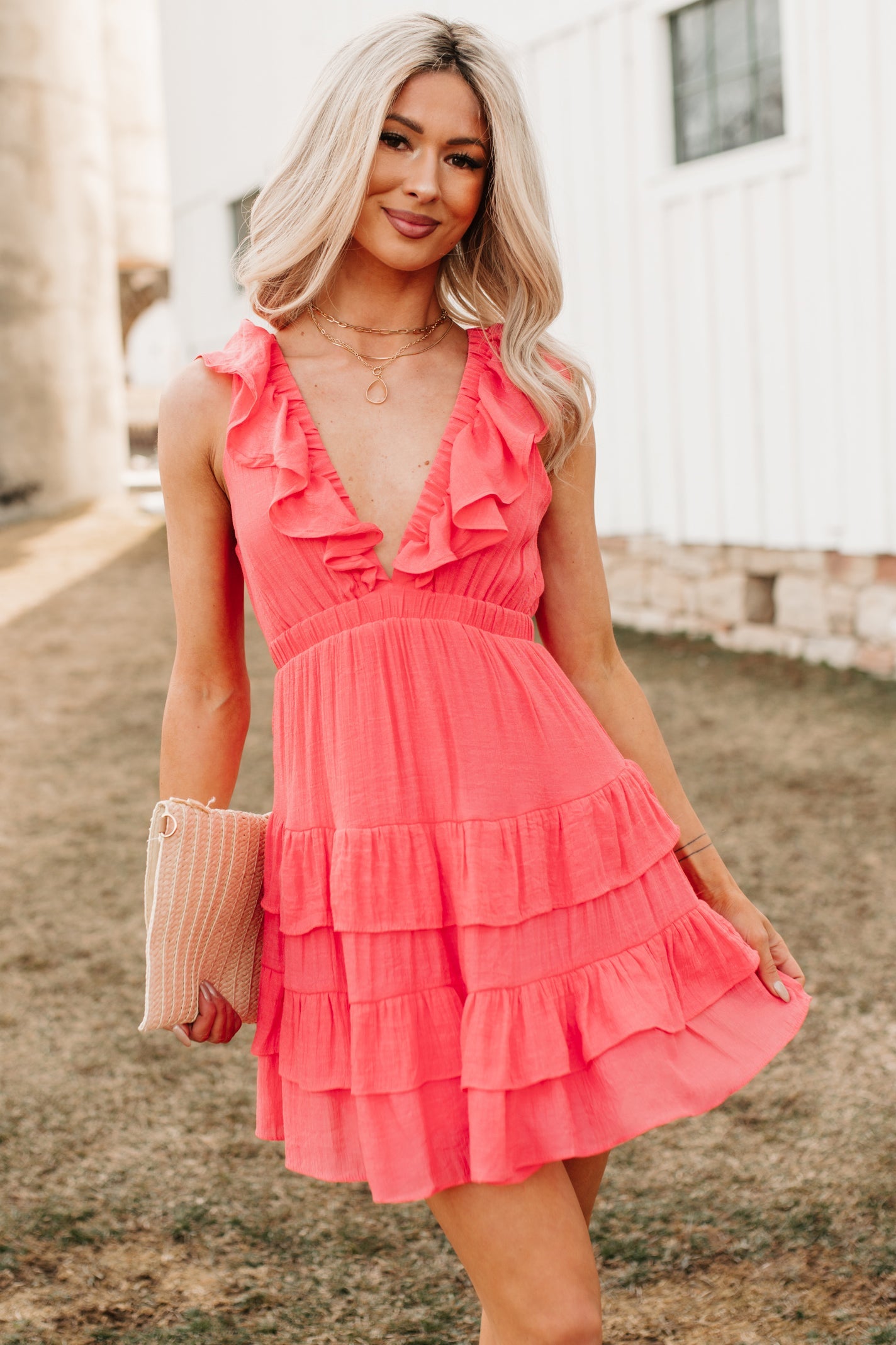Buttercup Babe Deep V-Neck Ruffle Mini Dress (Coral Red)