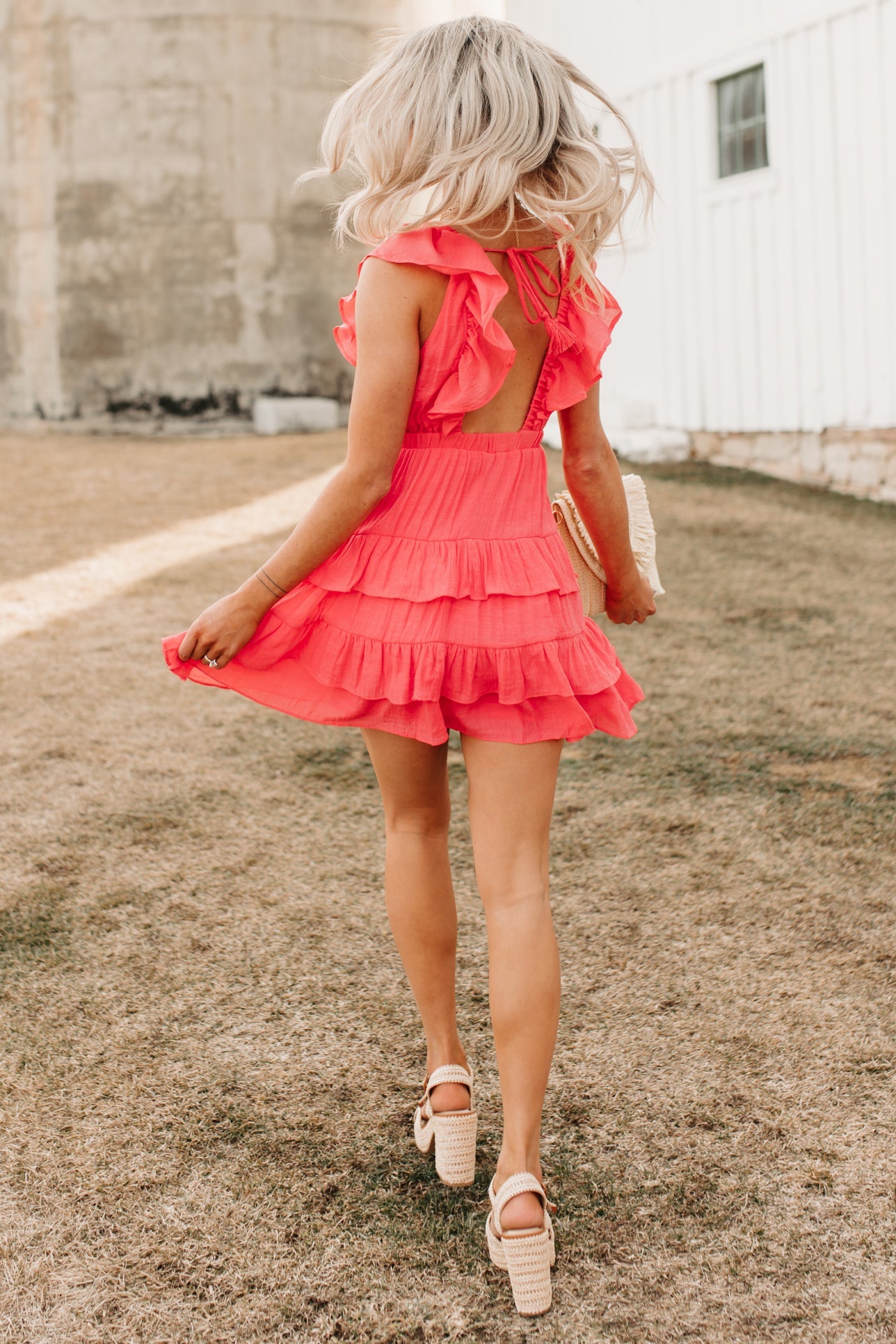 Buttercup Babe Deep V-Neck Ruffle Mini Dress (Coral Red)