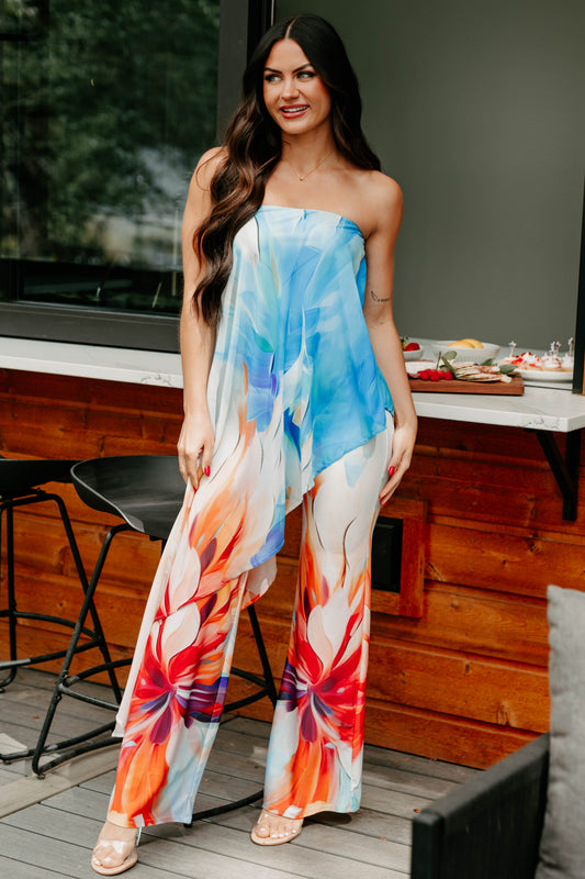 Wander Wildly Strapless Flowy Jumpsuit (Blue/Multi)