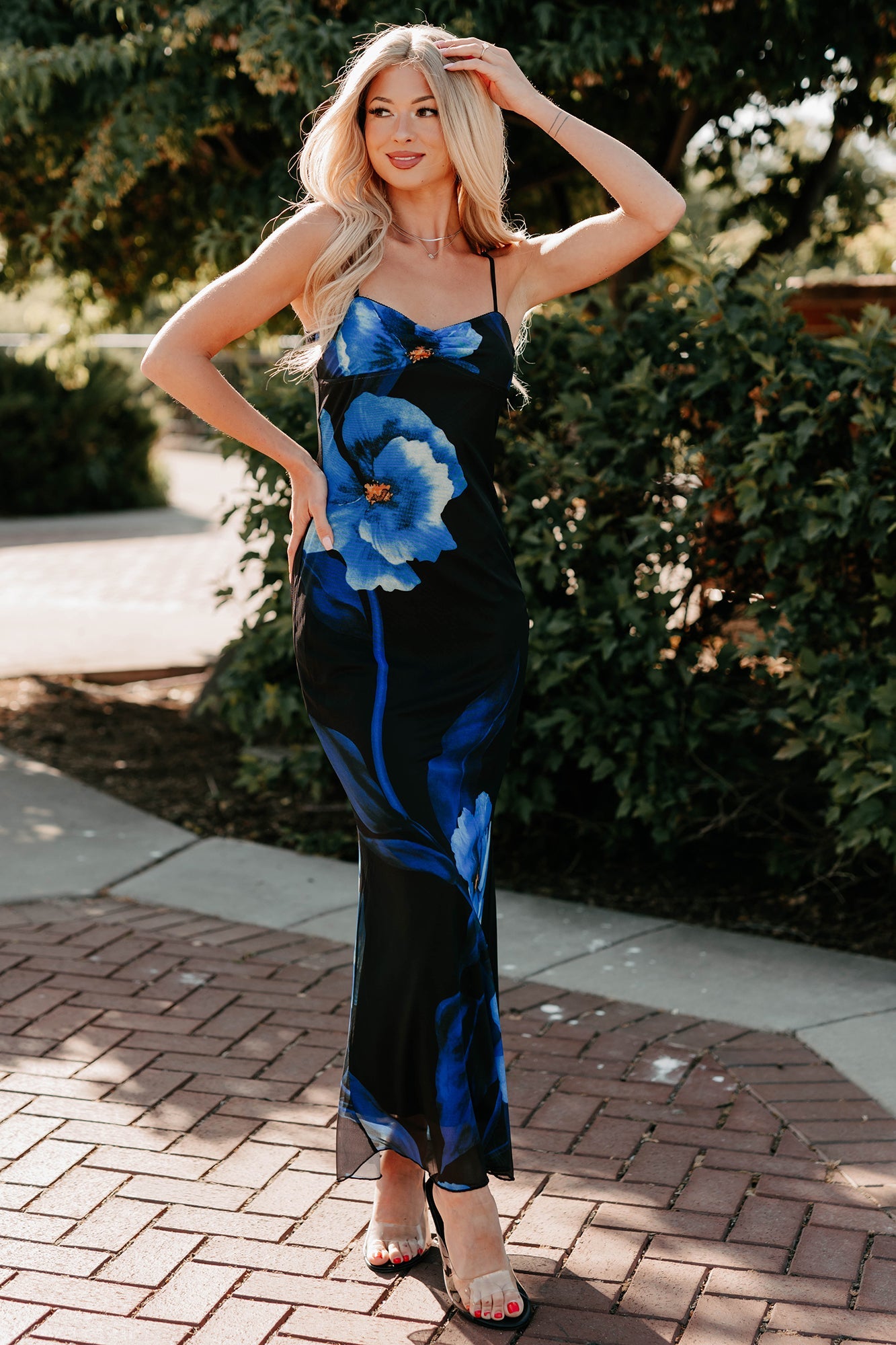 Chic Uprising Sleeveless Floral Maxi Dress (Black/Blue)