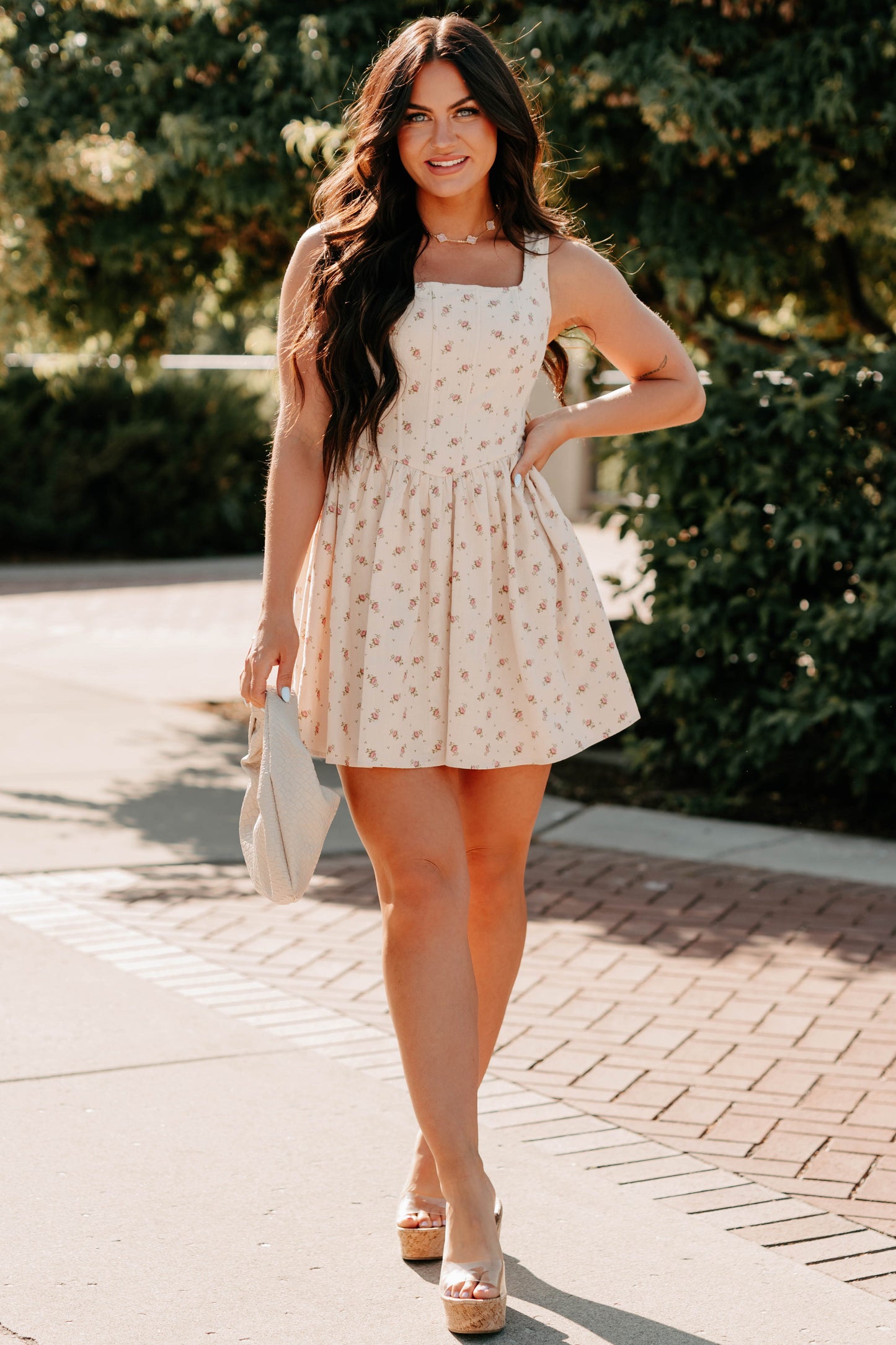 Blush Tells All Square Neck Floral Mini Dress (Natural)