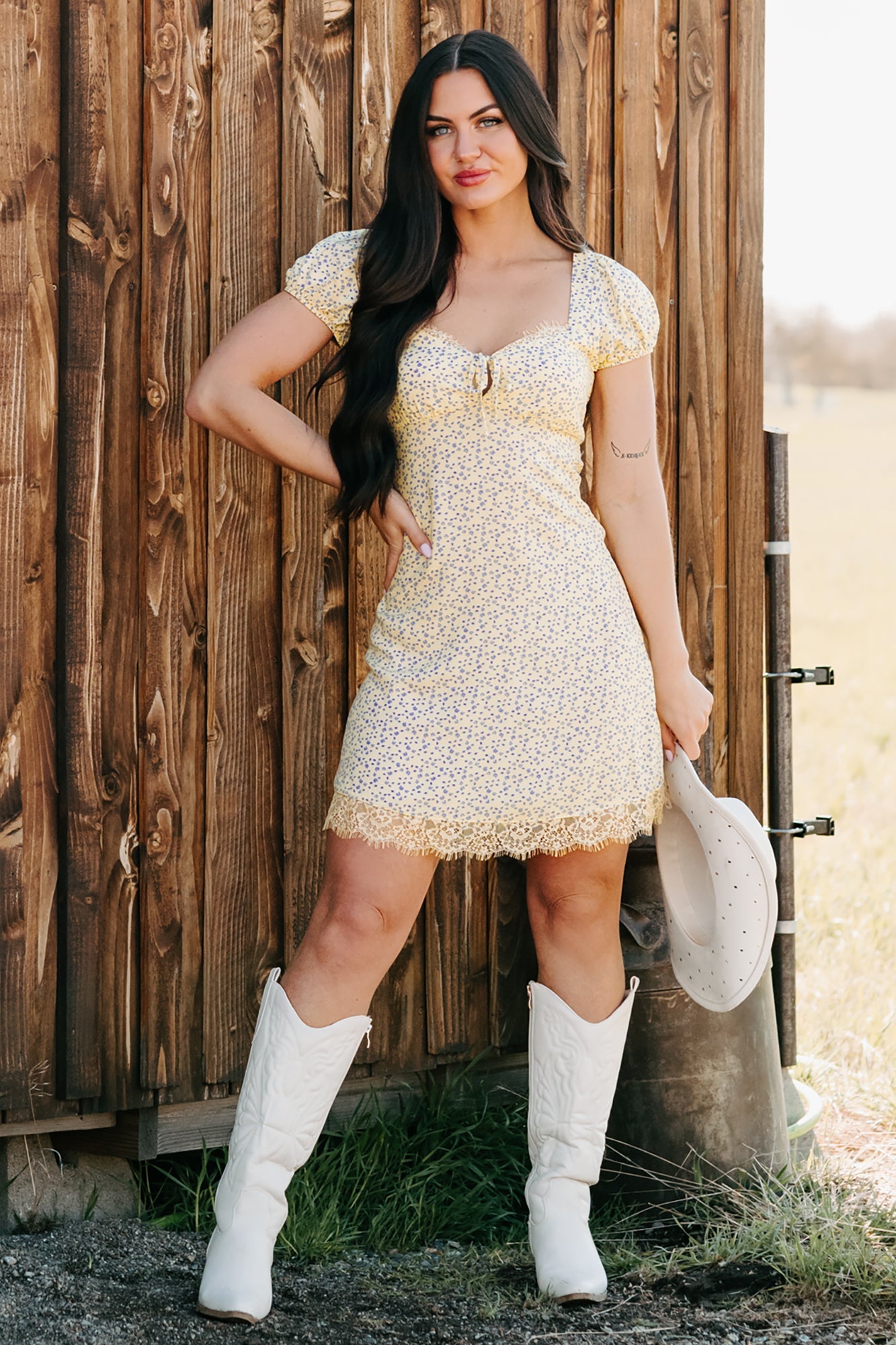 Floral Bliss Sweetheart Floral Mini Dress (Yellow/Blue)
