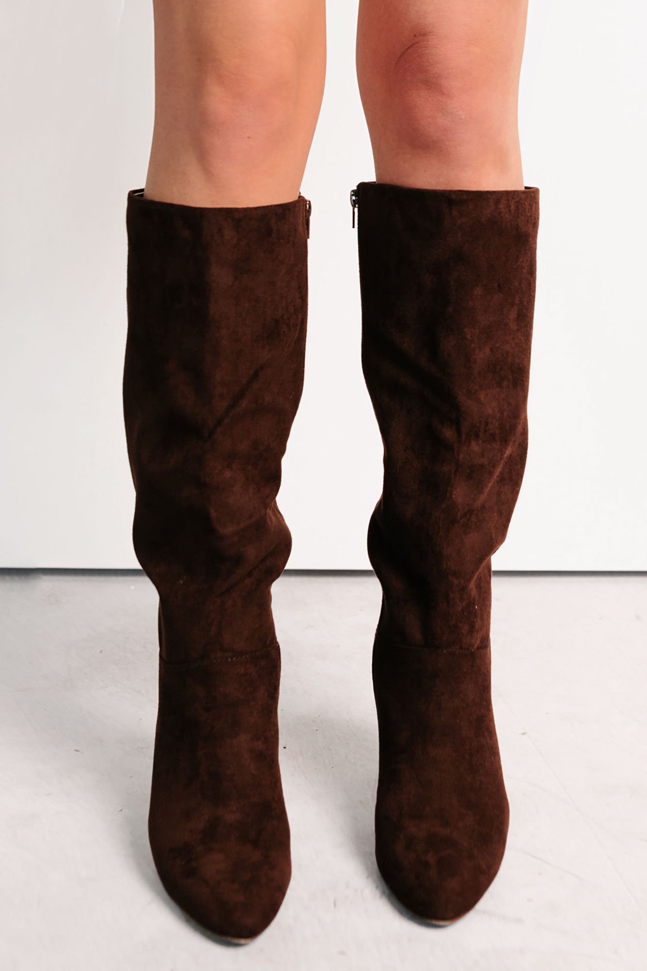 Desk Diva Knee High Faux Suede Stiletto Boots (Brown)