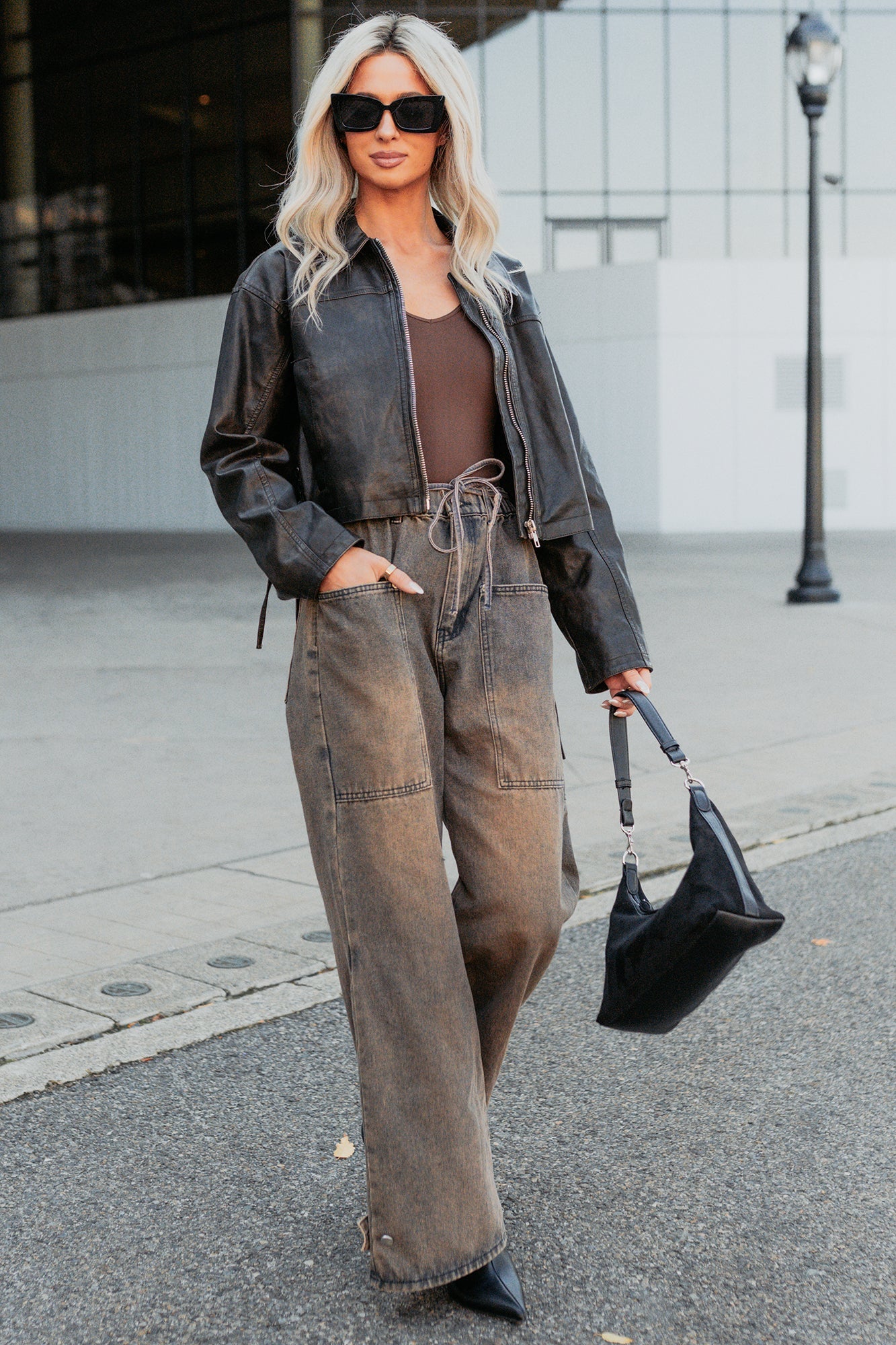 Never Tired Faux Leather Lace Side Jacket (Dark Coffee)
