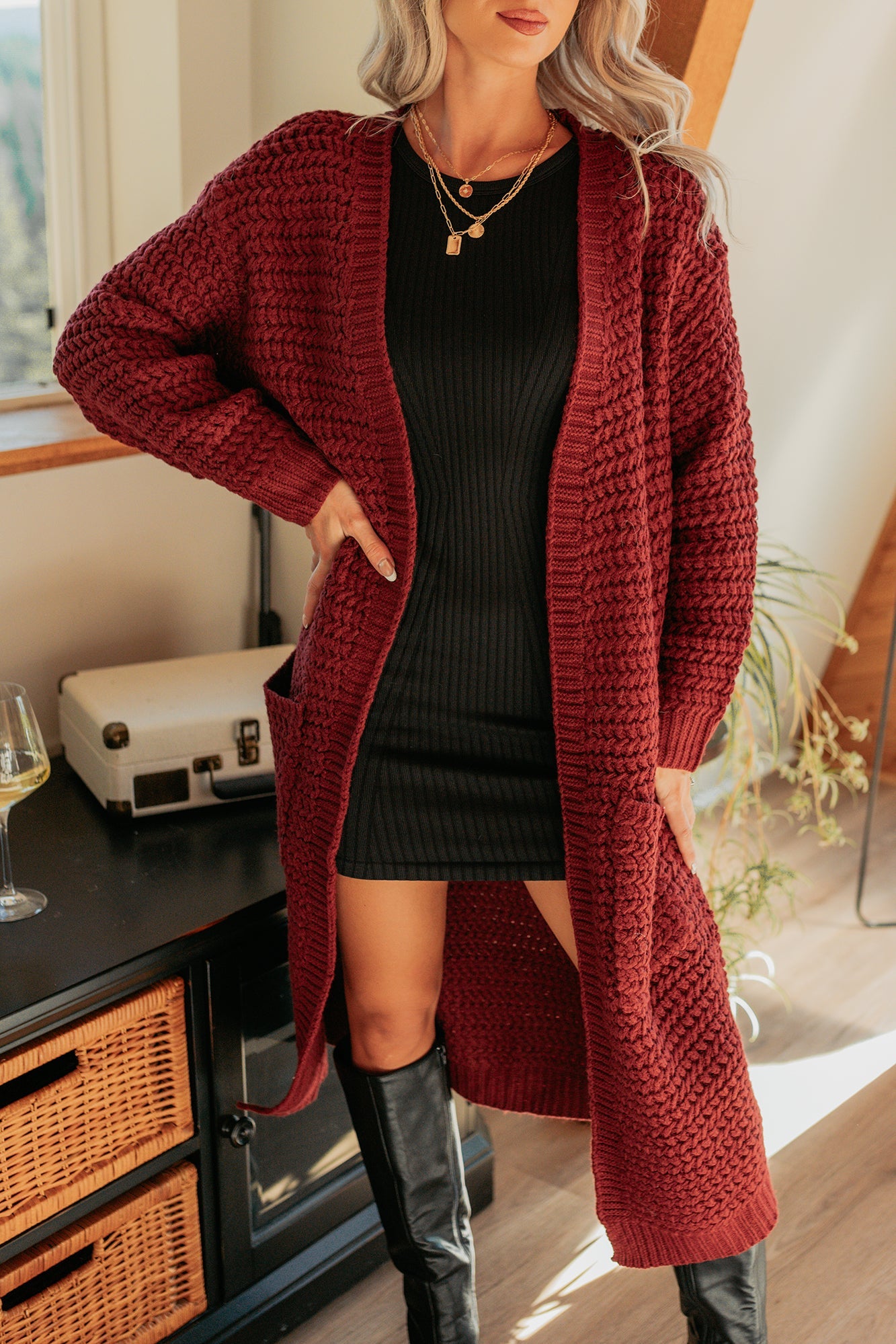 Still Dreaming Cable Knit Long Cardigan (Bordeaux)