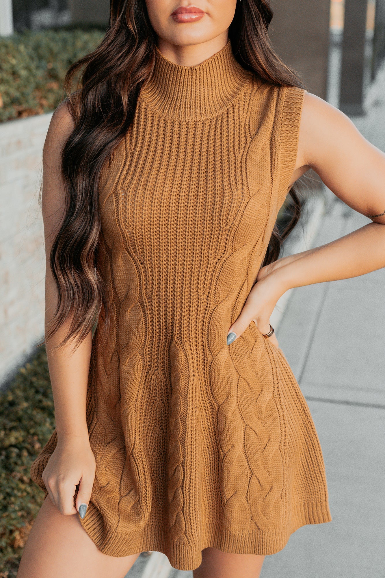 If You Stay Sleeveless Cable Knit Mini Dress (Mocha Mousse)
