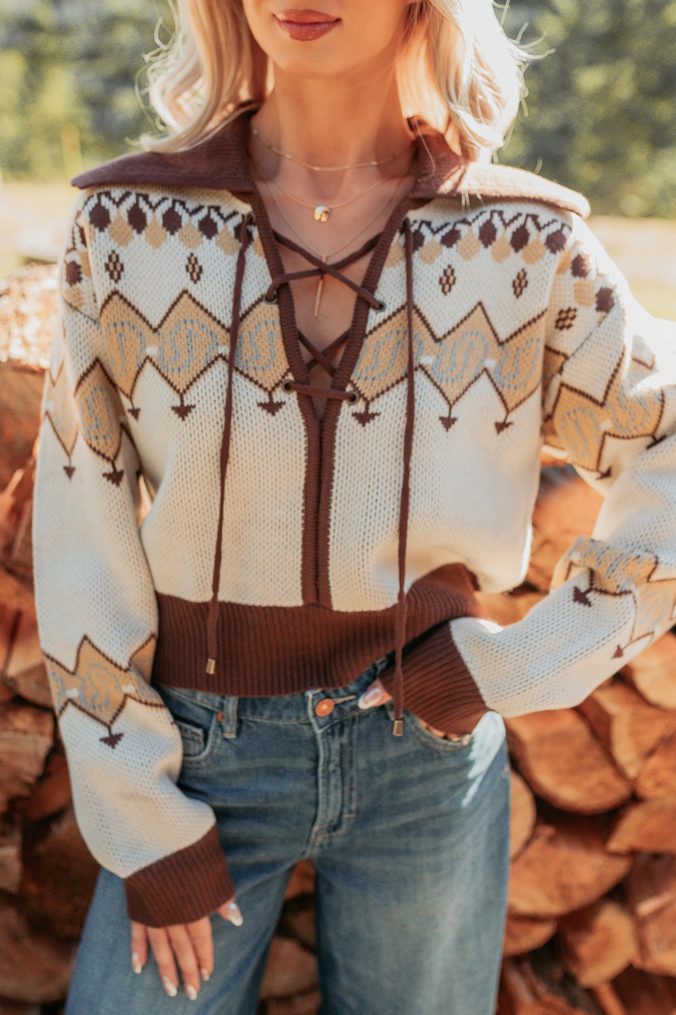 Don't Overthink It Aztec Front Tie Sweater (Cream/Mix)