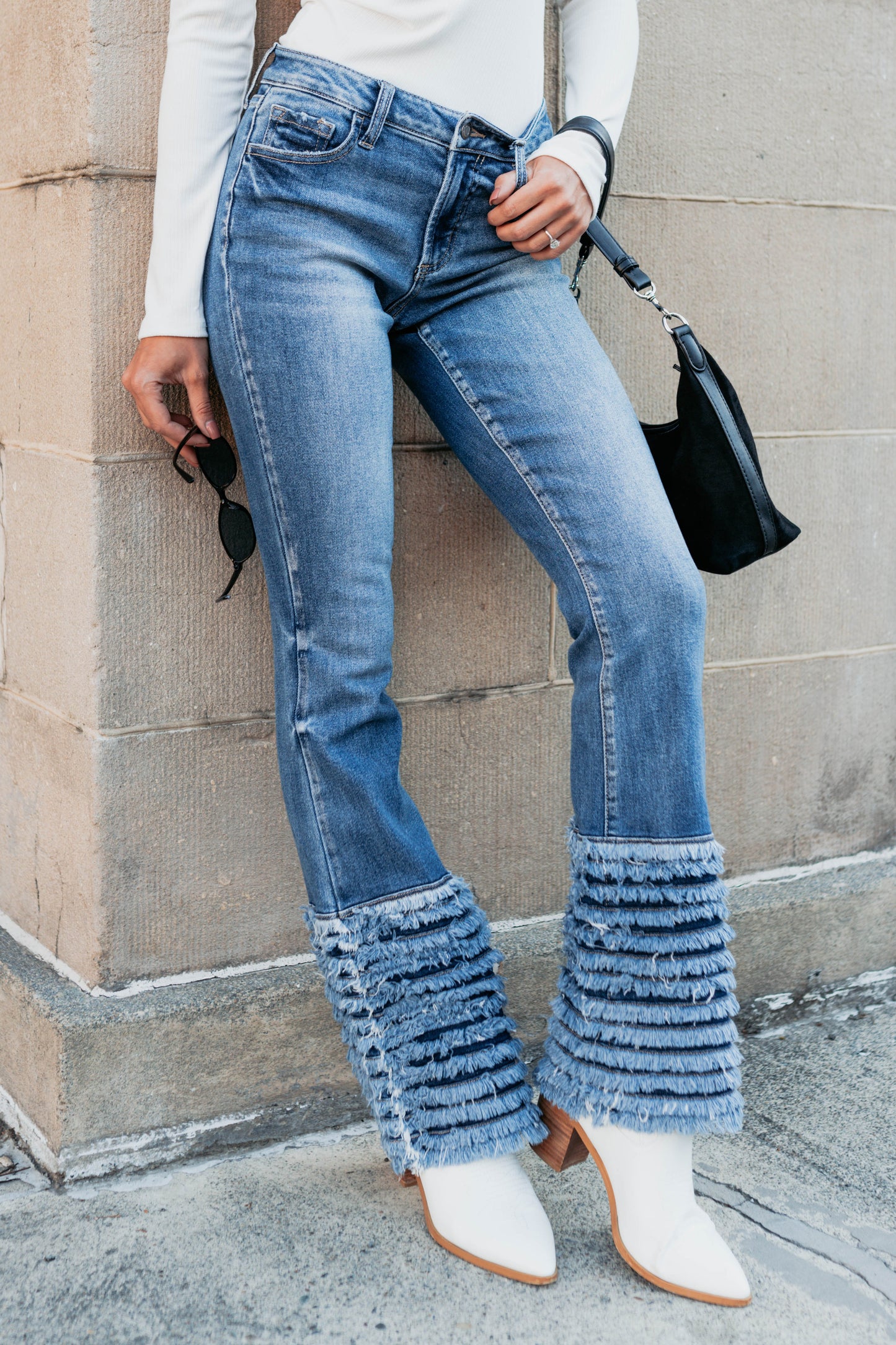 Vera Mid Rise Frayed Hem Cello Flare Jeans (Medium)