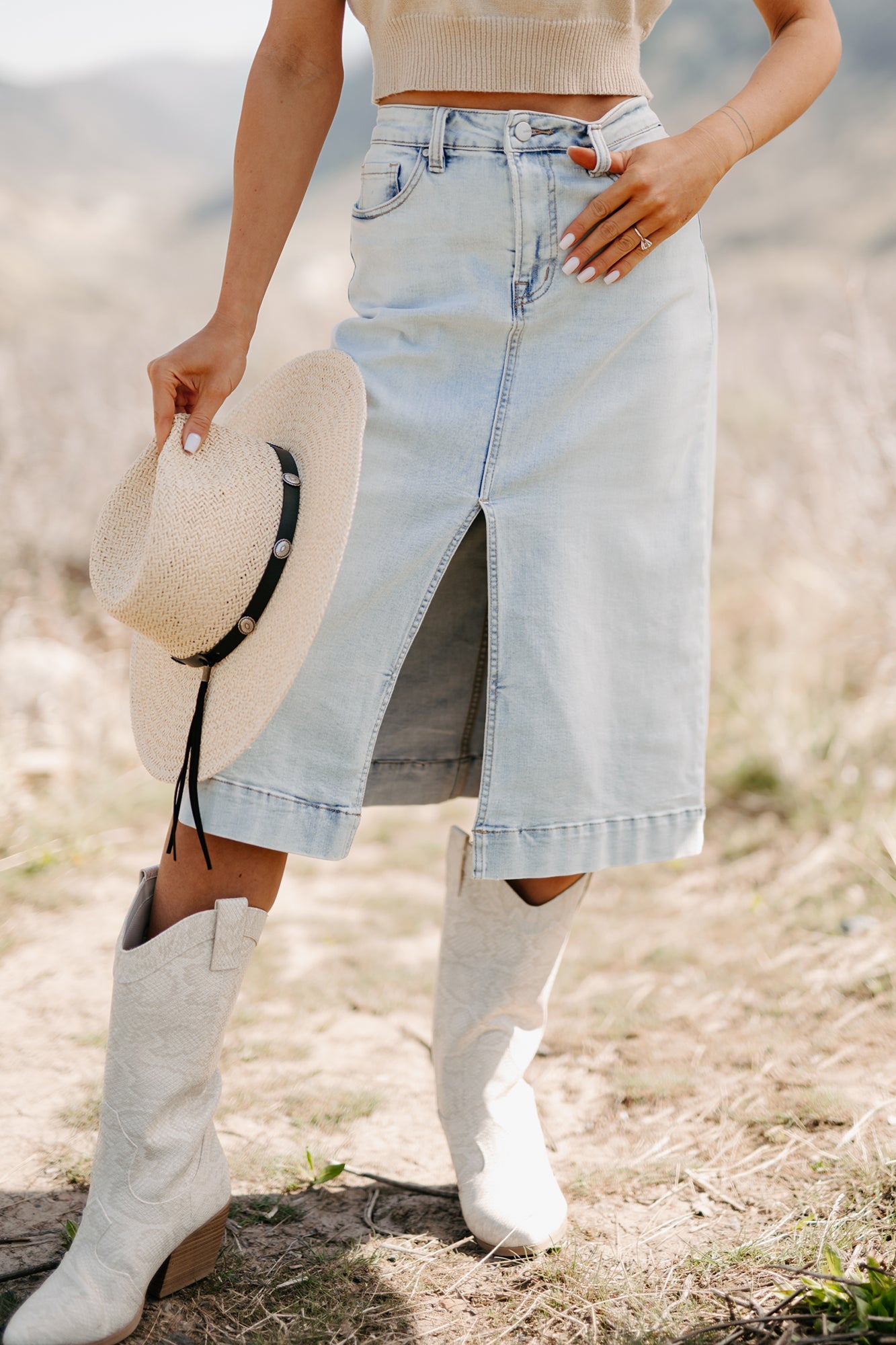Skirtin' Around High Rise Denim Midi Skirt (Light)